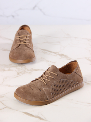 Туфли босоногие замшевые коричневые с перфорацией